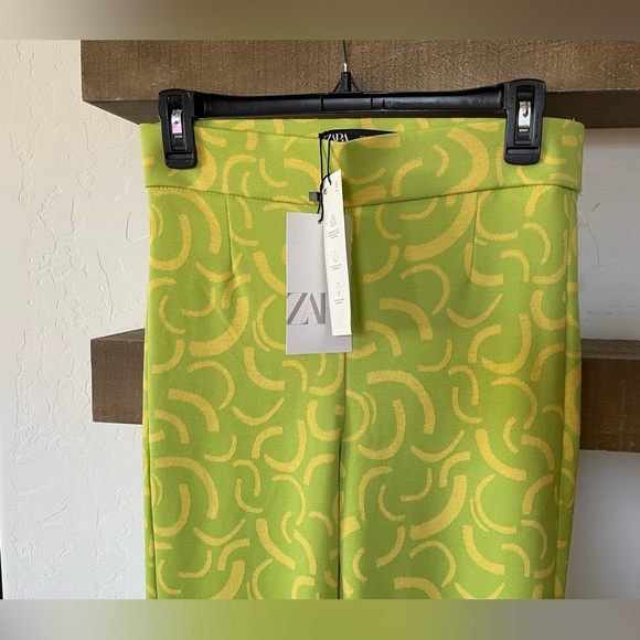 Zara| Neon Green Marbled 70’s Style Wide Leg Pull On Pants, Flare w Slit•••NWT - Picture 6 of 16